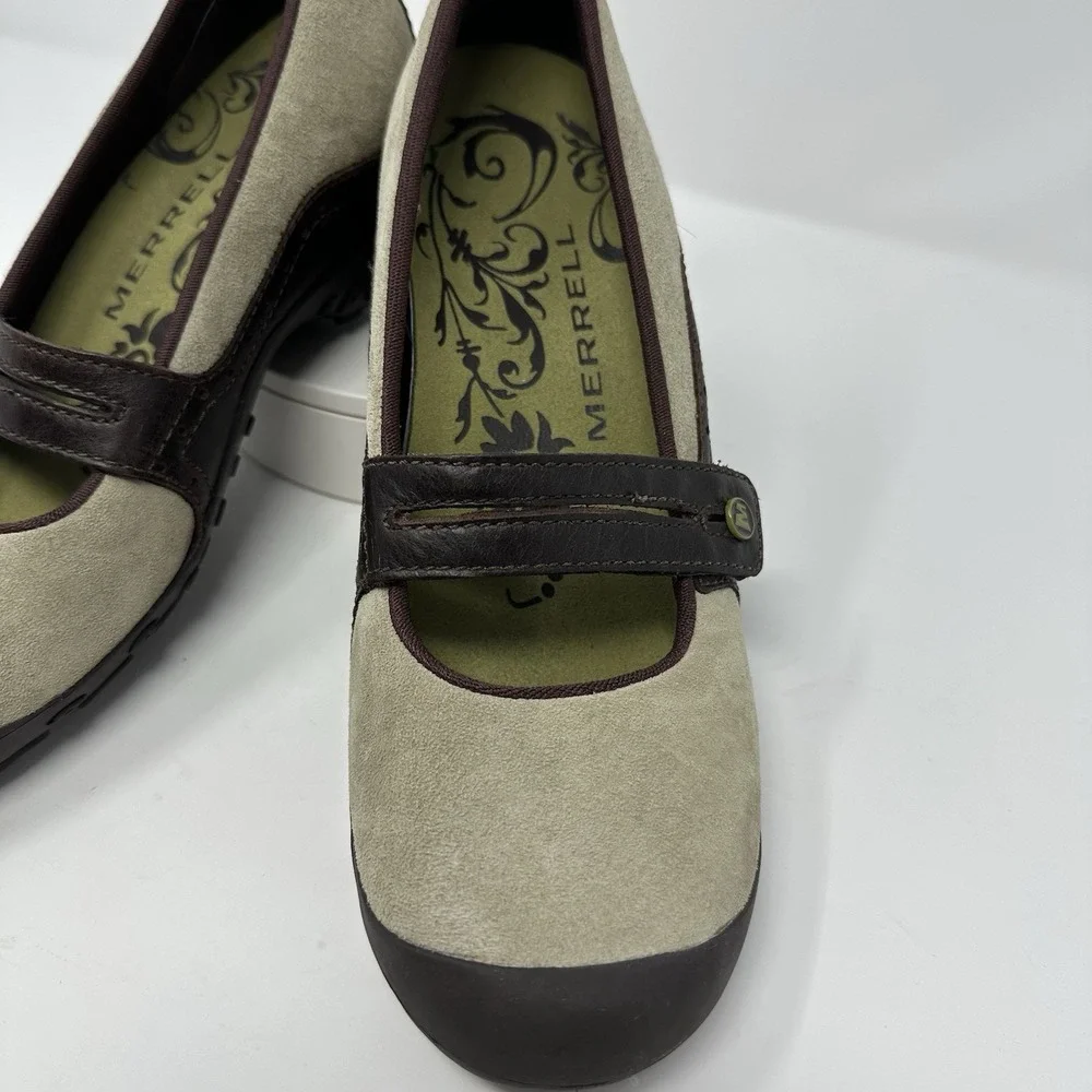 Merrell Size 7.5 Mary Jane Plaza Bandeau Dark Taupe Leather Wedge Comfort Shoe